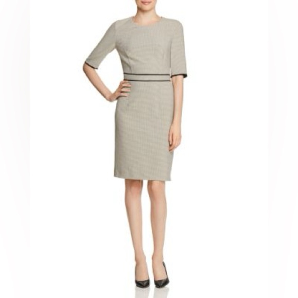 BOSS Doliviena Tan Black Belted Check-Print Midi Belt Back-Zip Dress Size 10